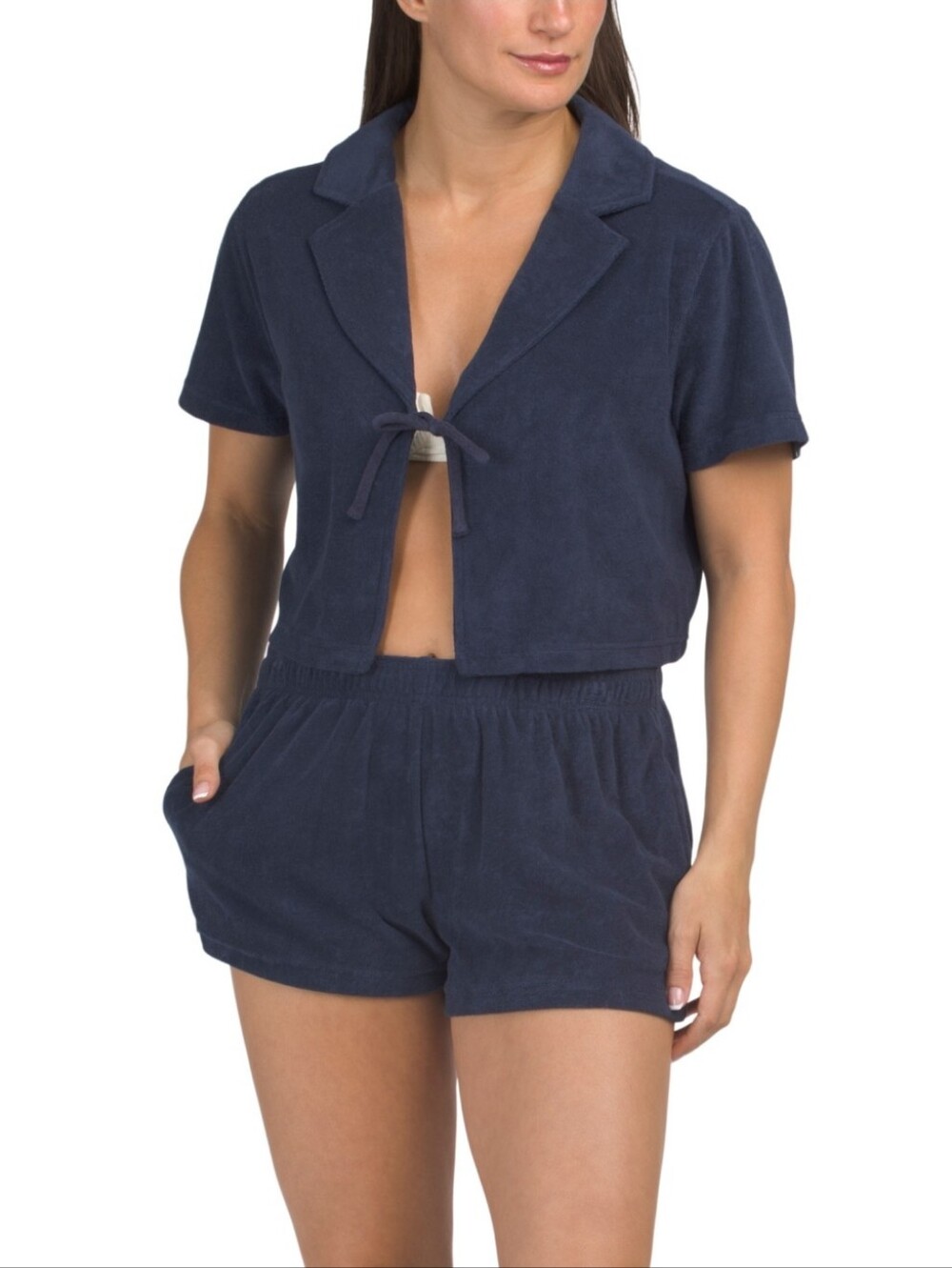Sincerely Jules Navy Blue Short Sleeve Terry Sleep/Swim Cover Up 3 Piece Set NWT